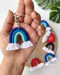 🌈 Macramé Rainbow Keychain Blue and White Combination – Handmade