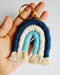 🌈 Macramé Rainbow Keychain Blue and White Combination – Handmade
