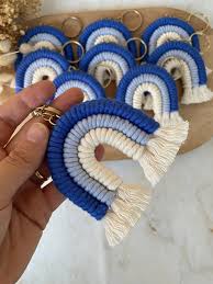 🌈 Macramé Rainbow Keychain Blue and White Combination – Handmade